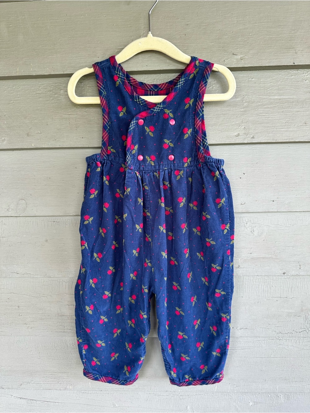 Vintage 90s Gymboree Girls Navy & Red Floral & Plaid Accent Overalls Romper